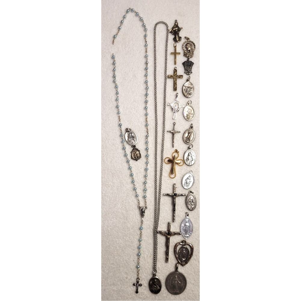 Vintage Italian Rosary & Religious Medal Lot Silver Tone Cross Crucifix Pendants